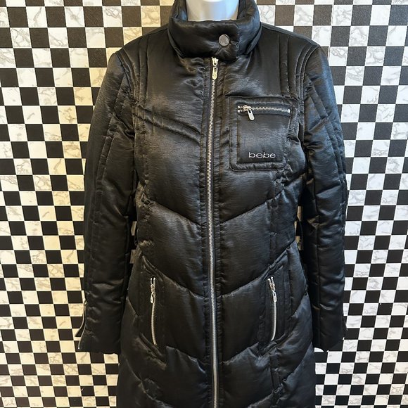 BEBE Long Black Satin Down Puffer Coat SIZE SM - Picture 2 of 10